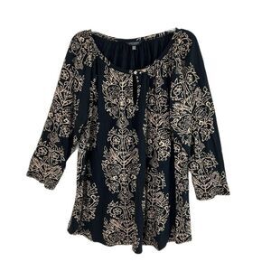 Lucky Brand Plus Size 2X Top Black Floral Boho Popover Peasant Dark Romantic